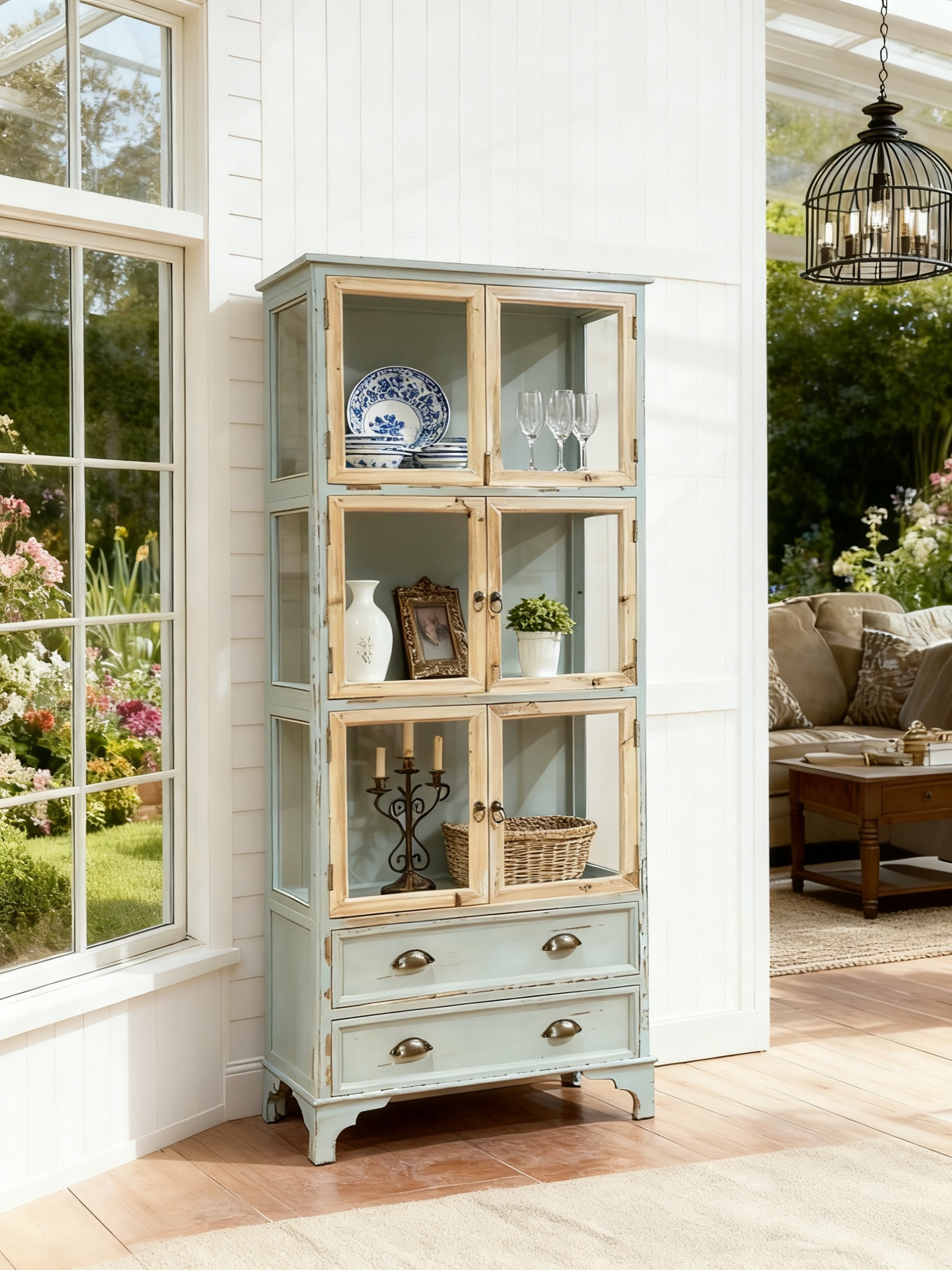 出口欧洲乡村风格复古做旧浅蓝色实木玻璃门展示柜收纳储物柜书柜