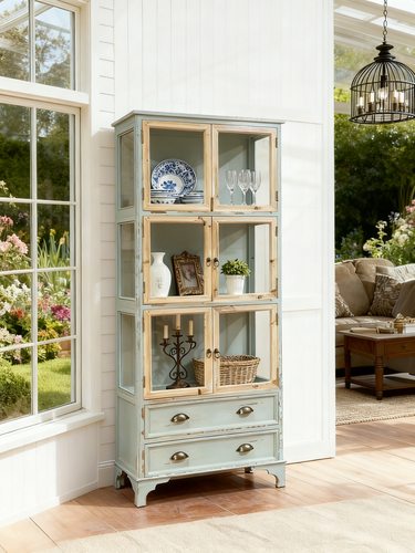 出口欧洲乡村风格复古做旧浅蓝色实木玻璃门展示柜收纳储物柜书柜