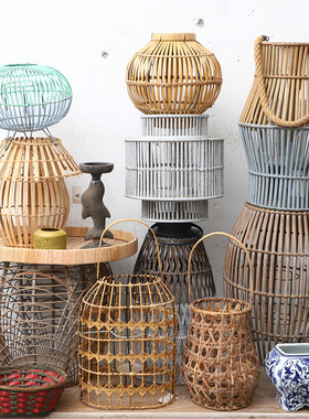 特价孤品--摩洛哥风格手工竹木藤编收纳筐复古工艺品编织灯笼烛台