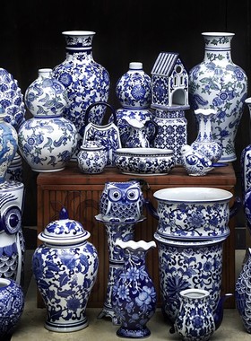 陶瓷集合--复古手绘高温青花瓷仿古上釉瓷器花瓶将军罐艺术摆件