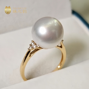 进口澳白天然海水珍珠戒指厚实款18k金钻石南洋白珠正圆强光素雅