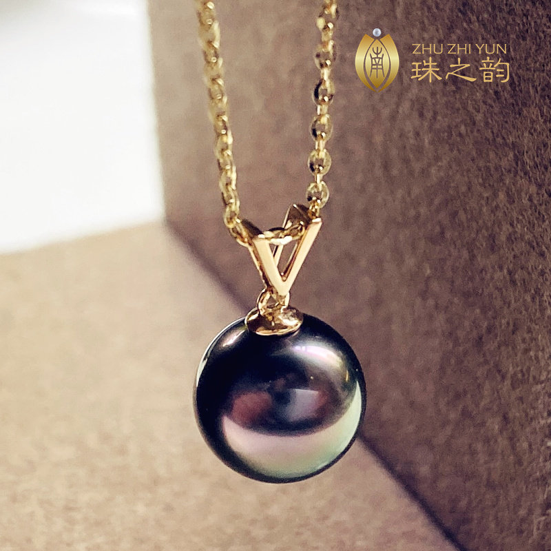 大溪地黑珍珠天然海水珍珠吊坠项链18k金正圆强光简约高端百搭款