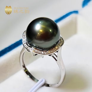大溪地黑珍珠戒指天然海水珍珠18k金镶钻石正圆强光孔雀绿高贵款