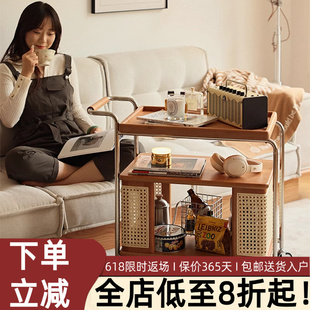 北欧实木可移动边几樱桃木中古色茶几收纳沙发边柜家用置物小推车