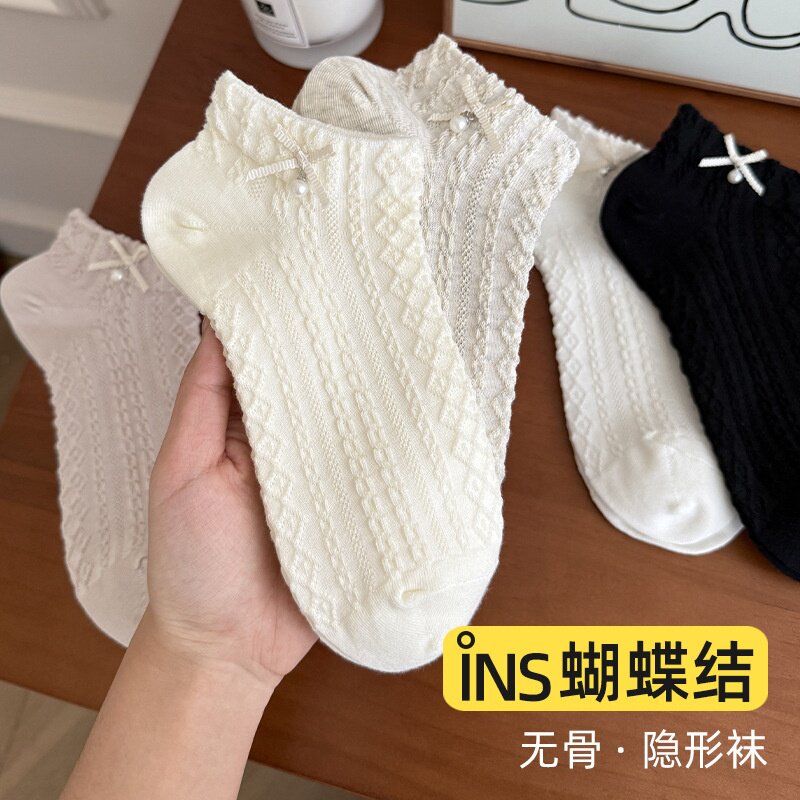 蝴蝶结袜子女短筒棉袜夏季甜美韩版小众款无骨透气女百搭棉袜女袜