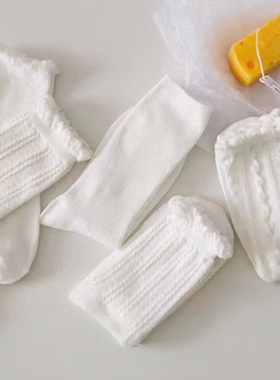 夏季日系泡泡口袜可爱白色袜子百搭ins中筒jk制服堆堆袜薄款花边