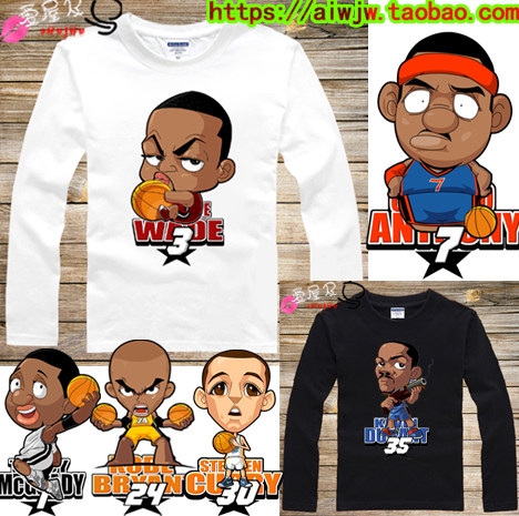 NBA库里詹姆斯科比安东尼杜兰特长袖t恤夏纯棉宽松Q版篮球衣服男