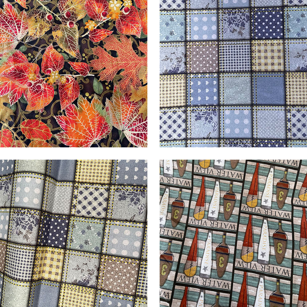 平纹纯棉布料 diy手工拼布/布艺 印花格子树叶 半米