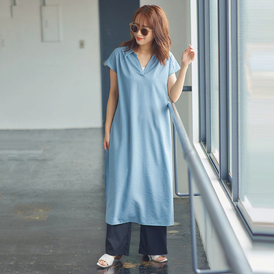 日系纯色中长款V领T恤裙