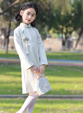 女童春秋季旗袍刺绣长袖连衣裙