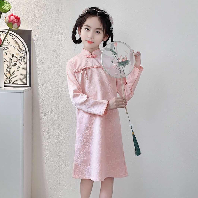 儿童旗袍裙夏季女童新中式中大童国风薄款长袖过膝古装旗袍连衣裙