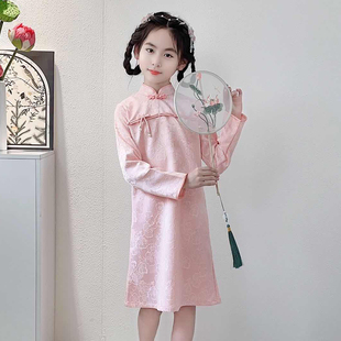 儿童旗袍裙夏季女童新中式中大童国风薄款长袖过膝古装旗袍连衣裙