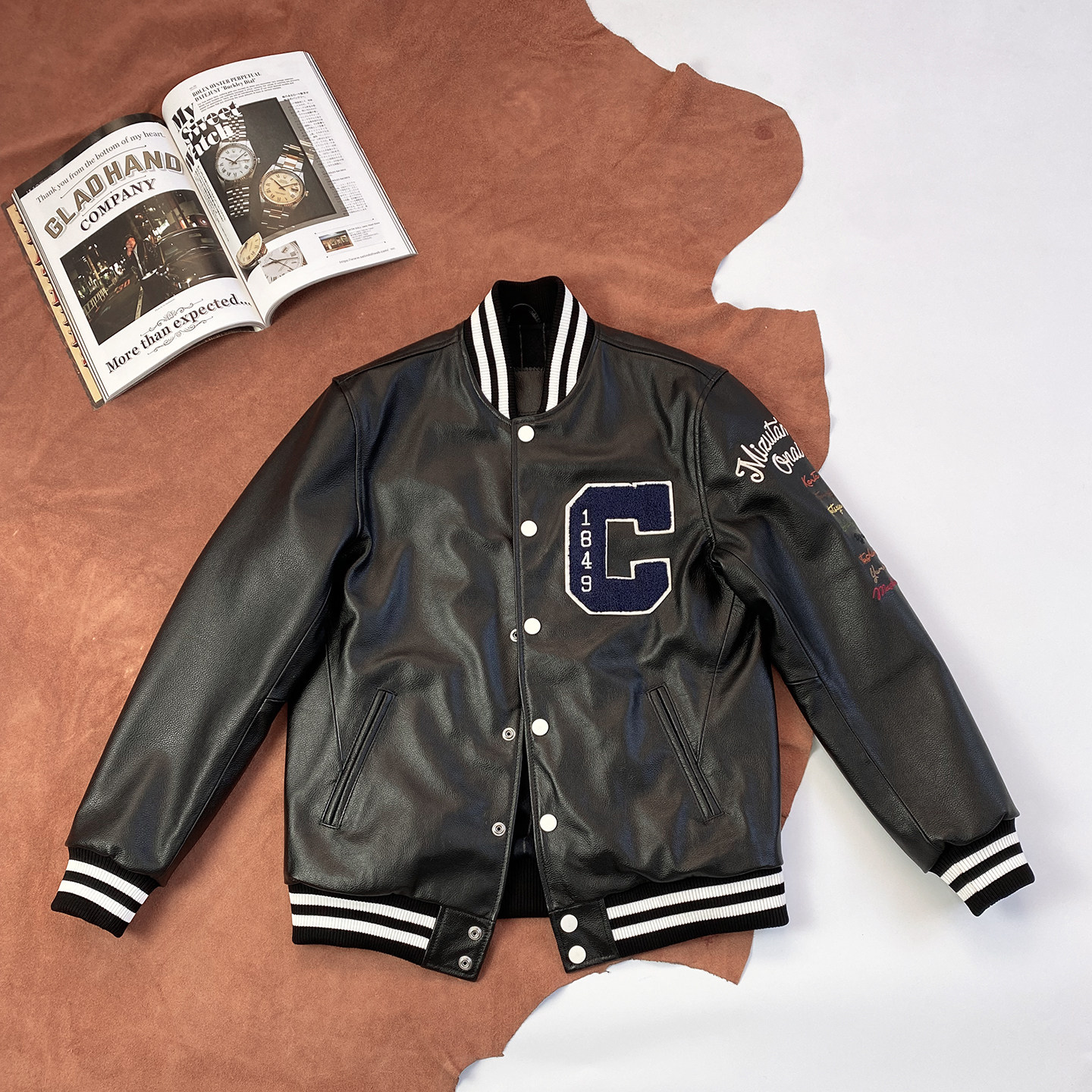 高级日系头层小牛皮机车夹克刺绣棒球服立领修身外套男士真皮皮衣