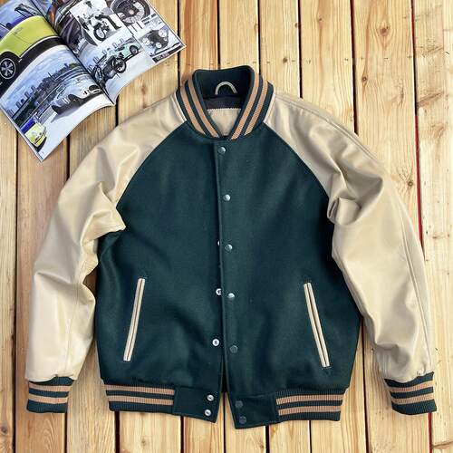 真皮拼接棒球服立领宽松