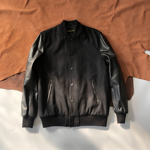 外套休闲皮衣朝 子拼接毛呢棒球服立领夹克男短款 春秋新款 绵羊皮袖