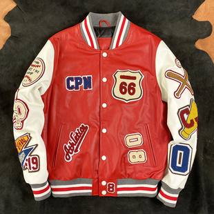 刺绣红白头层小牛皮棒球服休闲真皮皮衣短款 夹克机车皮外套情侣潮