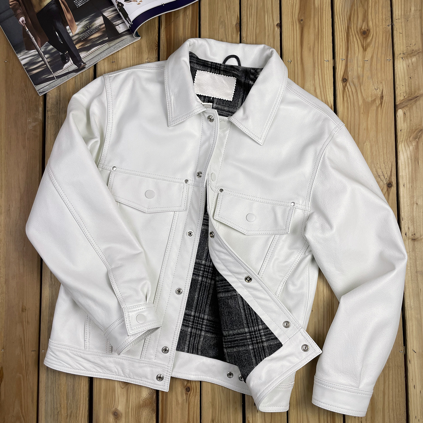 高端港风白色柔软小牛皮夹克
