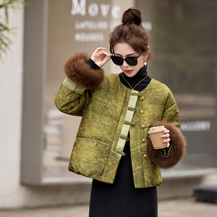 超好看轻时尚 口圆领羽绒服女2025冬新款 外套AH8166 狐狸毛袖 新中式