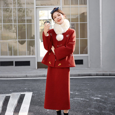 2025秋冬新款新中式中国风毛呢90羽绒外套半身裙两件套裙YE2827