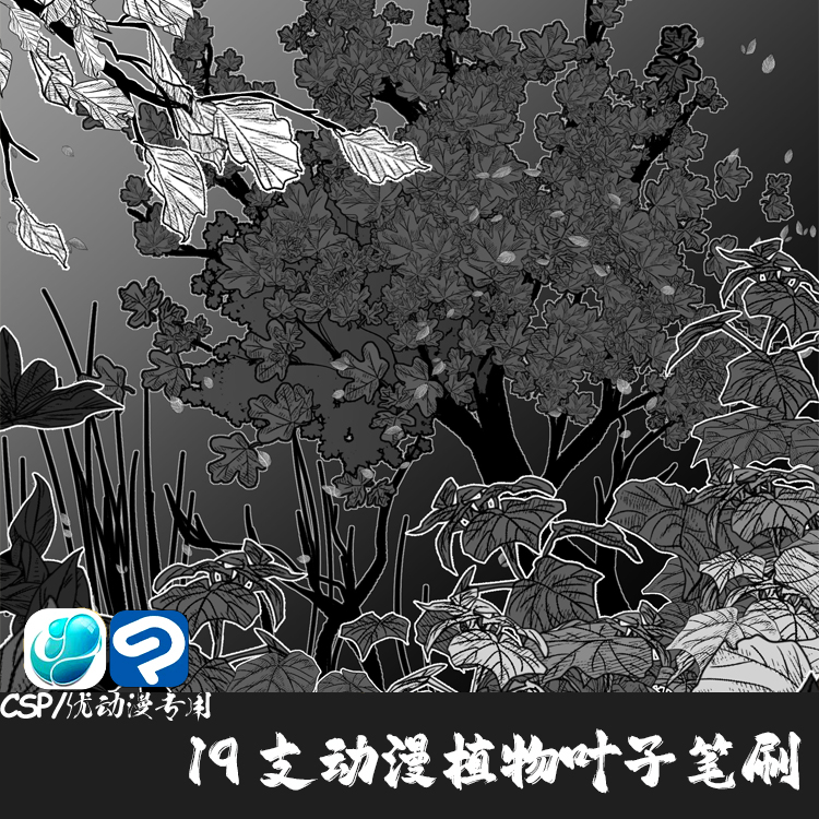 ClipStudioPaint笔刷19支动漫植物叶子勾边灌木树叶CSP优动漫画笔