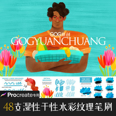 Procreate笔刷48支干性水彩湿性水彩商业绘画笔IPAD大师级画板814