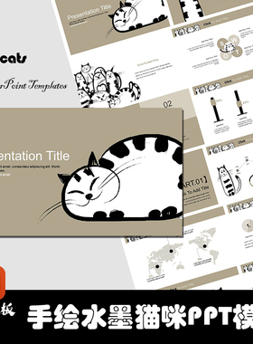 PPT模板 卡通手绘风格可爱猫咪动物猫粮宠物店powerpoint演示模板
