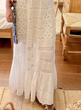 法式精致多层次刺绣荷叶边白色A字长裙复古休闲镂空蕾丝拼接半裙