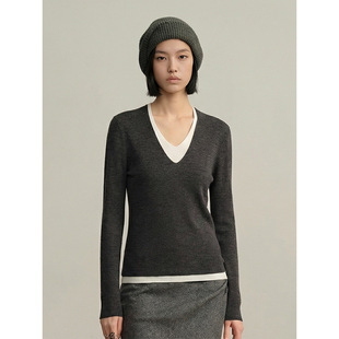 扬子纱叠穿撞色V领针织衫假两件长袖上衣套头拼接打底衫
