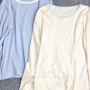 奶油拼色德绒上衣秋衣保暖加厚睡衣单件家居服秋冬季内搭圆领长袖