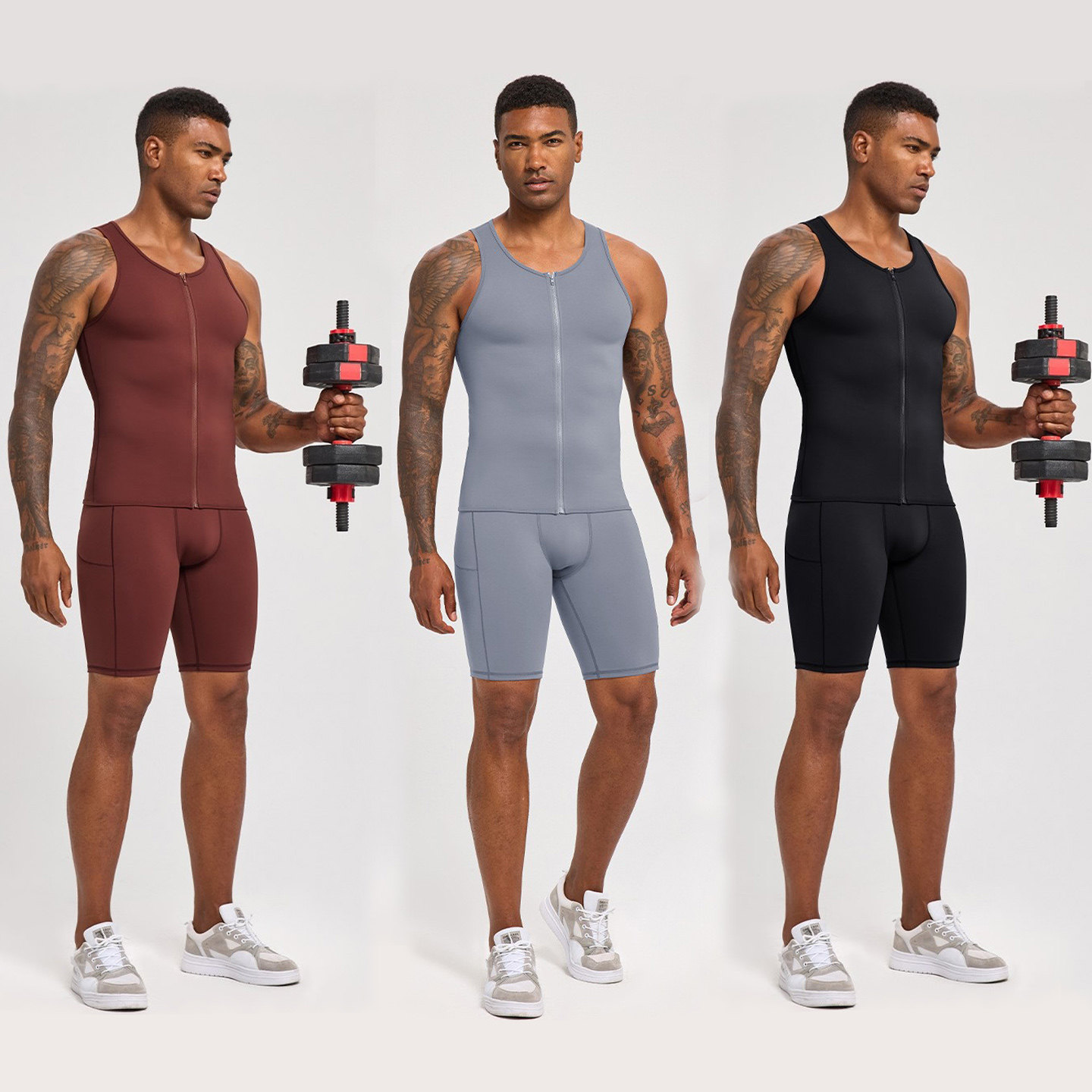 健身撸铁训练套装男士弹力速干透气跑步运动拉链背心后腰口袋短裤