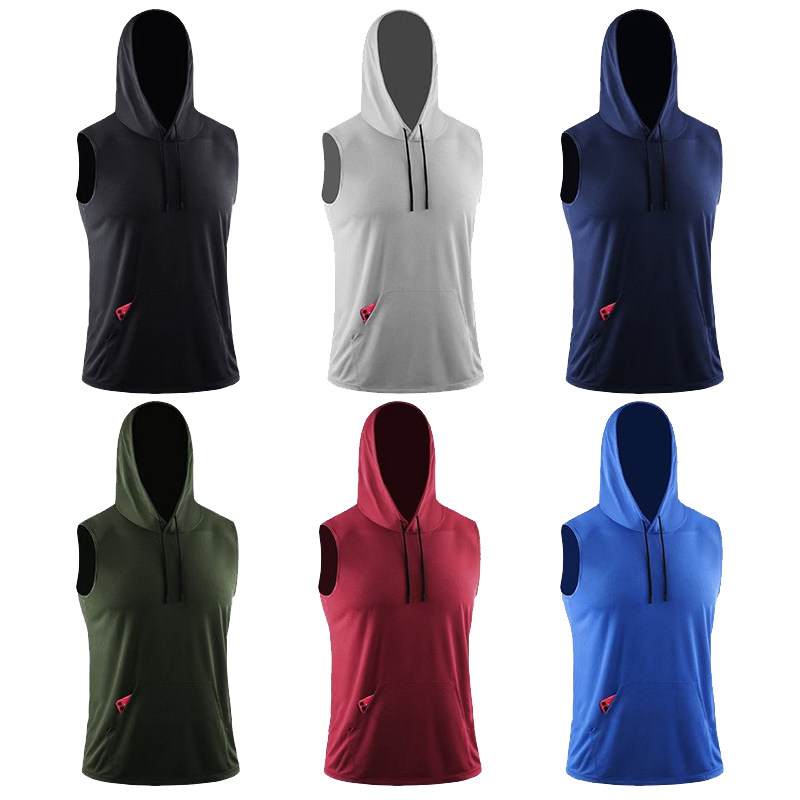 连帽健身背心男款夏季纯色无袖运动透气跑步速干短袖宽松蓝球短T