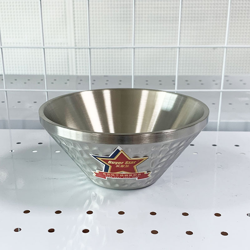 304不锈钢双层锤纹冷面碗沙拉碗V型碗斗笠碗甜品沙冰碗家用拉面碗
