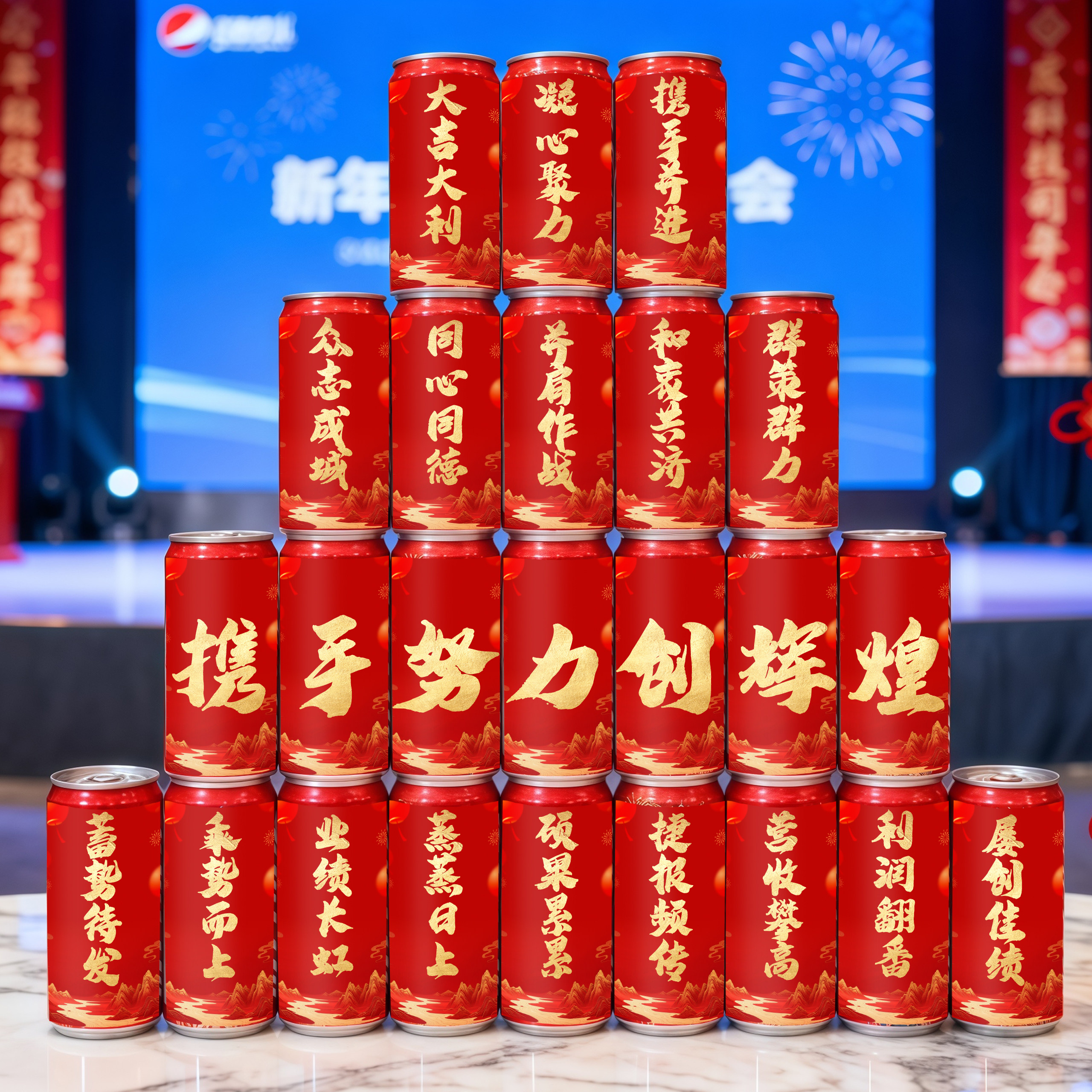 新年细长罐可乐罐贴纸定制公司年会班级联欢会气氛装饰场景布置