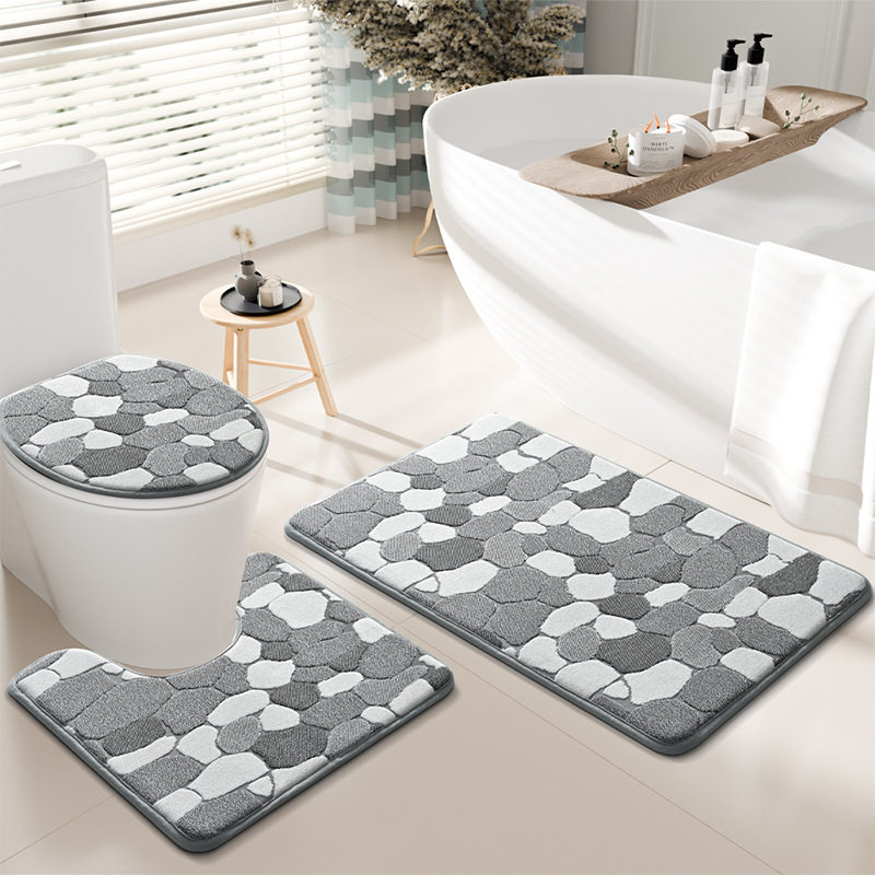 2026新提花鹅卵石卫浴三件套装高低毛圈吸水防滑地垫马桶盖两件套