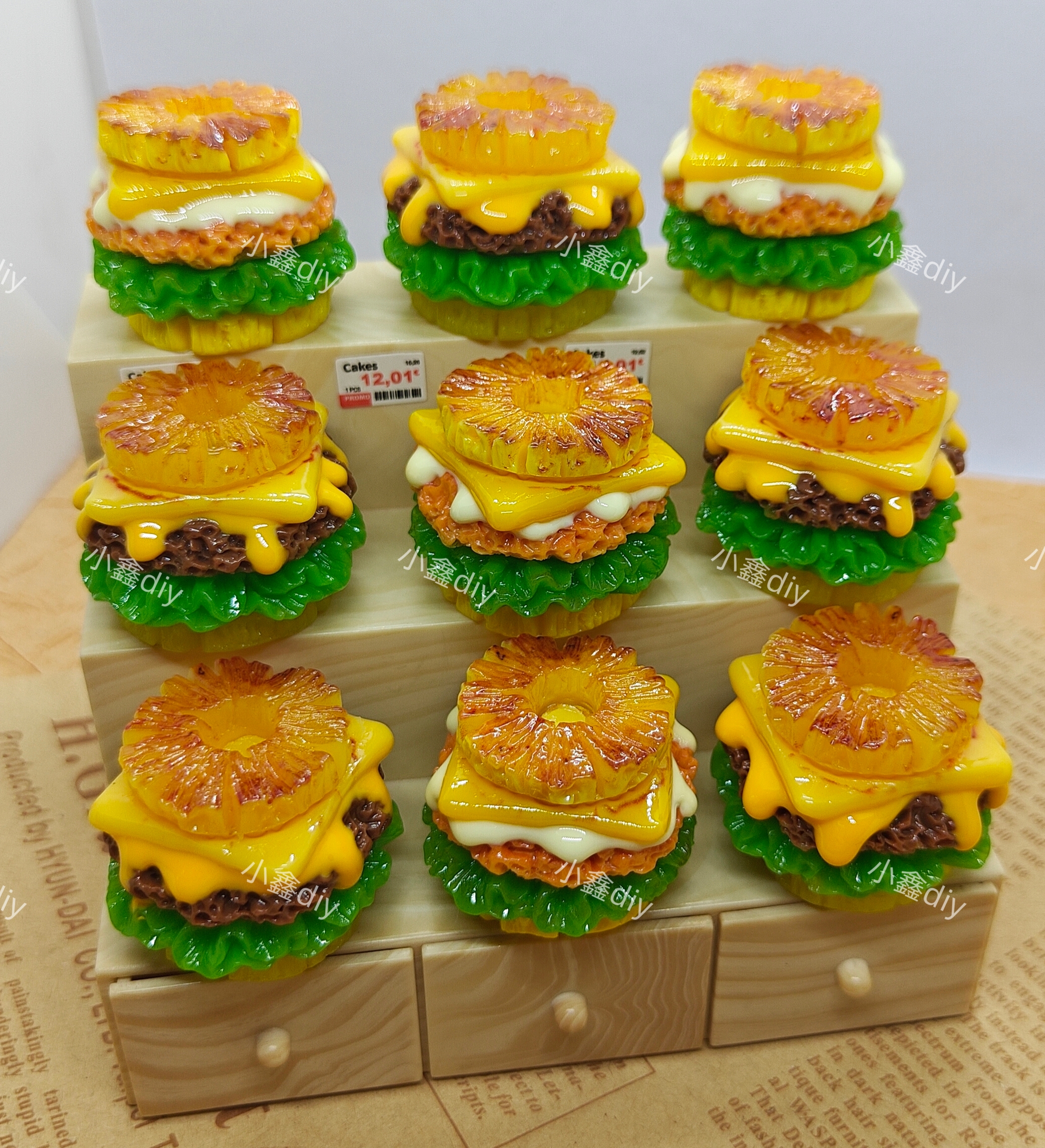 泡芙定制-菠萝汉堡diy仿真微缩食玩奶油胶手工树脂配件摆件