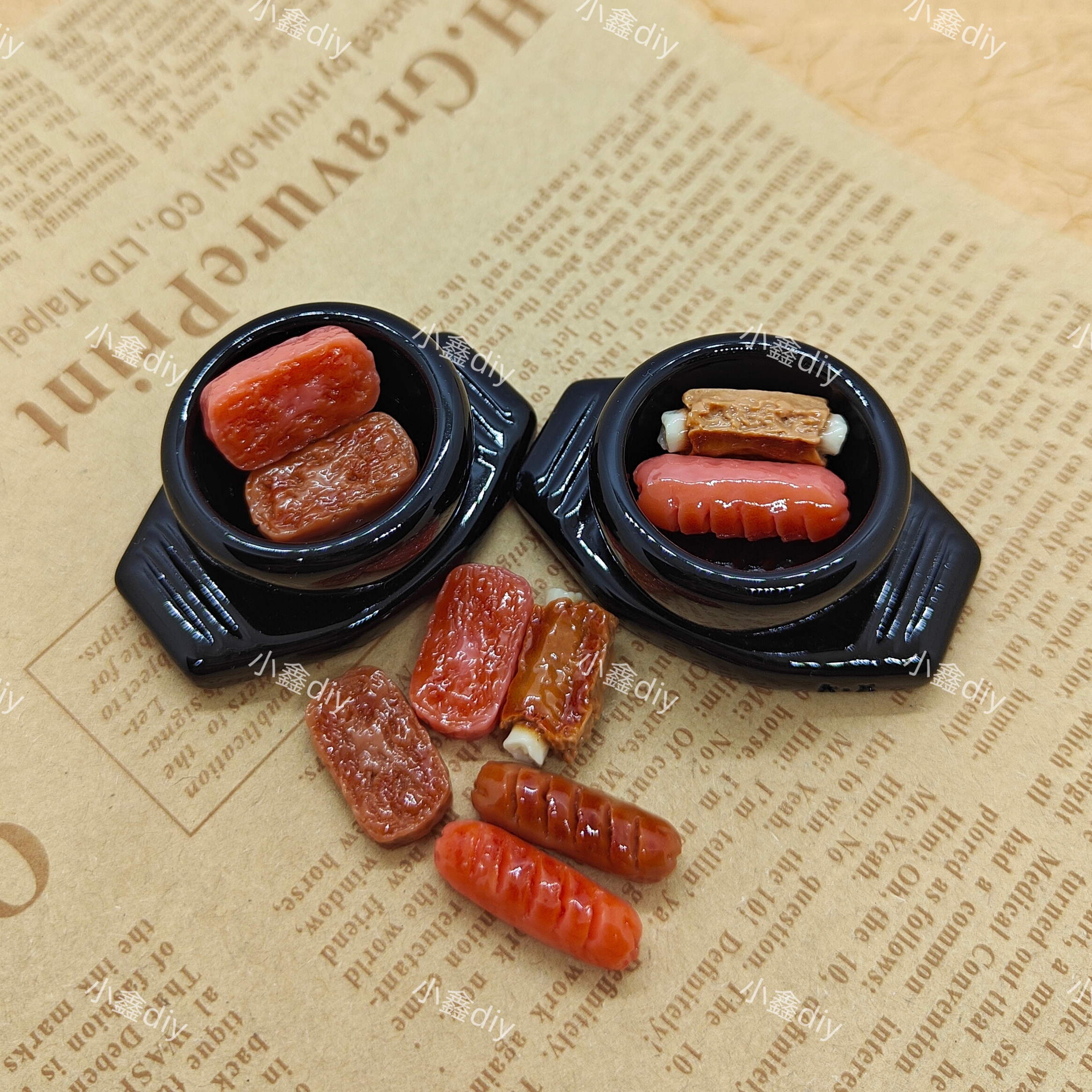 定制石锅套装diy仿真微缩食玩排骨午餐肉烤肠树脂配件小摆件