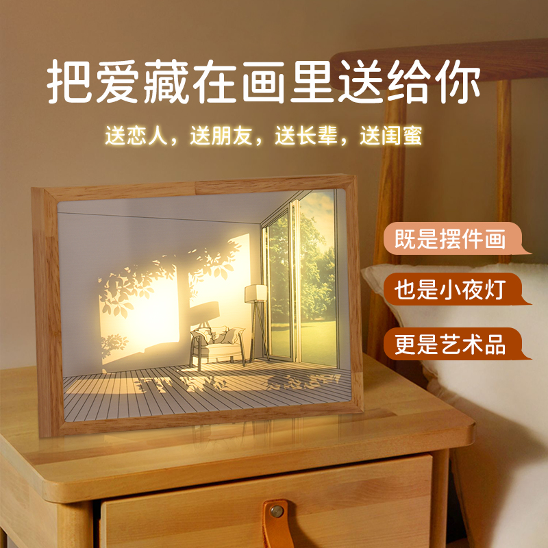 灯光画装饰小夜灯生日礼物氛围画框漫画ins床头灯发光相框阳光画图片