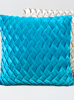 鳞纹褶 简约现代北欧45x45孔雀蓝蓝色米色纯色靠垫样板间工艺抱枕
