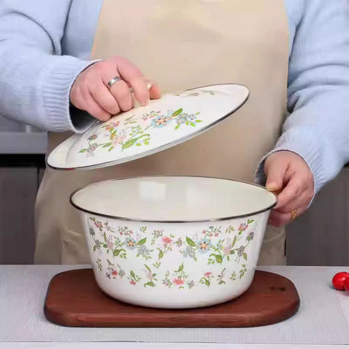 珐琅搪瓷盆带盖加厚 猪油盆 和面盆拌馅碗耐高温汤碗怀旧风搪瓷碗