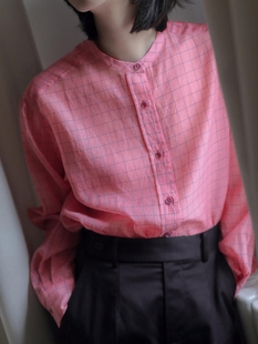 北欧小众设计莓果粉桑蚕丝衬衫圆领格纹显白宽松棉质上衣衬衣女