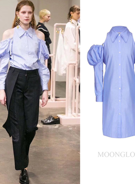 小众AKIKOAOKI早春新款全棉露肩衬衫式连衣裙简约抽绳修身衬衣裙