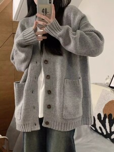 开衫针织灰色毛衣外套上衣早秋2023新款女装春秋季法式休闲高级感