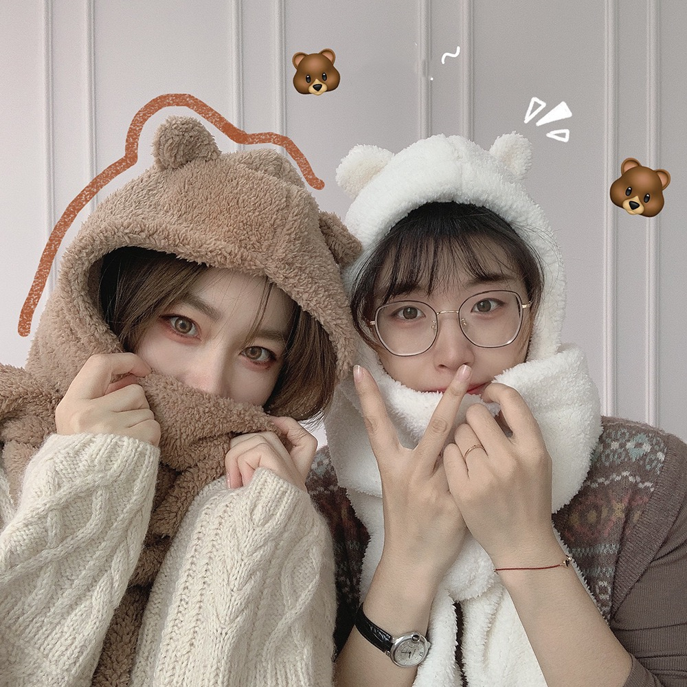 小熊帽子围巾一体加厚可爱学生耳朵保暖连体帽围脖女冬韩版