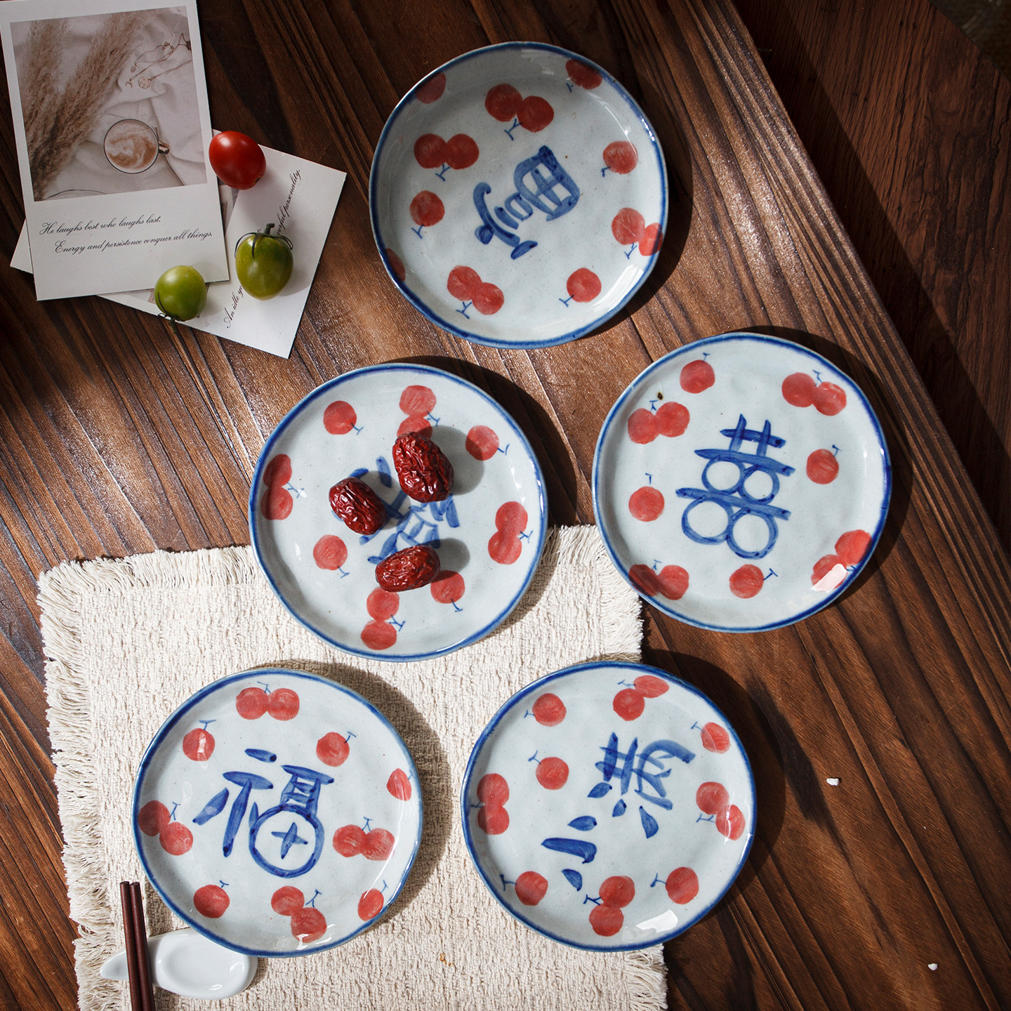 景德镇手作陶瓷青花盘子家用手绘喜字碟子手工餐具复古点心小盘子