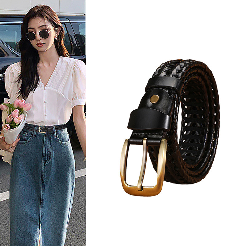 皮带女士真皮针扣牛皮编织腰带免打孔简约百搭潮流个性牛仔裤裤带