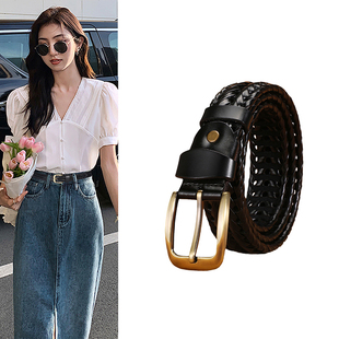 带 裤 皮带女士真皮针扣牛皮编织腰带免打孔简约百搭潮流个性 牛仔裤