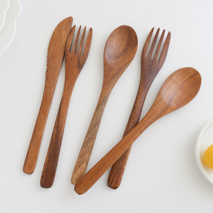 日式木勺叉刀餐具实木长柄勺相思木吃饭用家用汤勺木勺叉木刀套装