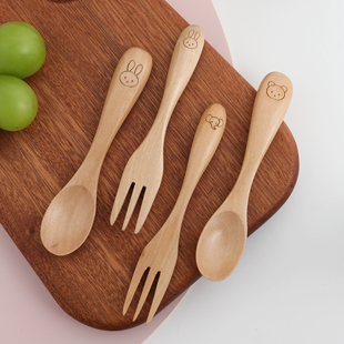 北的宝宝勺叉木勺水果叉套装实木短柄勺子儿童吃饭辅食可爱餐具