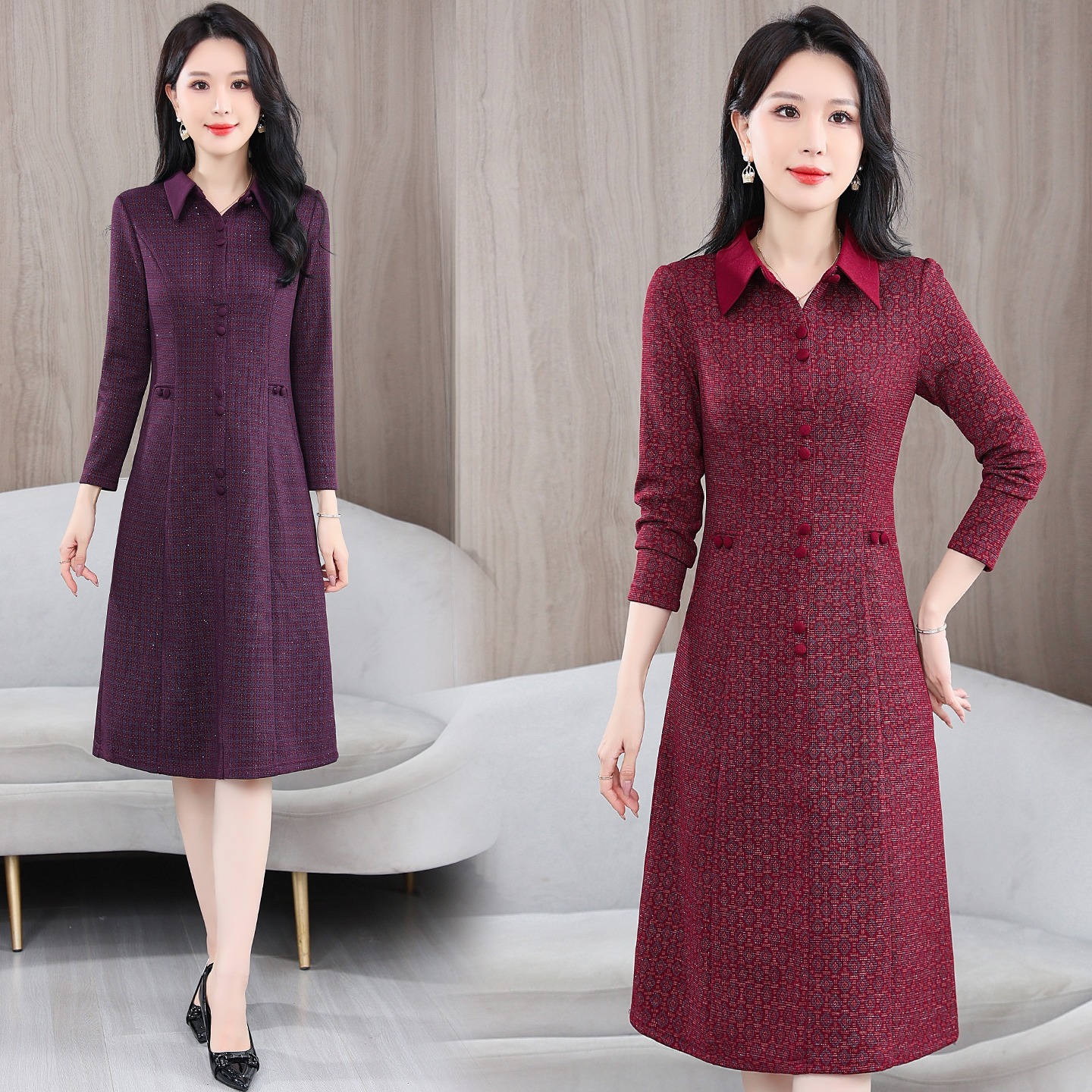 气质减龄娃娃领长袖连衣裙女秋季中年妈妈收腰显瘦中长款A字裙子