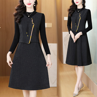 假两件套拼接长袖连衣裙女春装2026款高级感气质减龄显瘦A字裙子